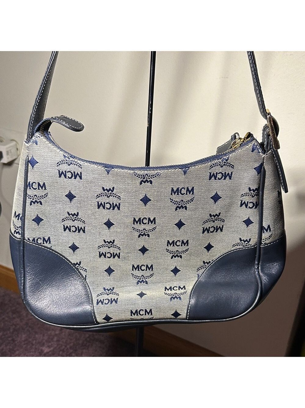 MCM Navy & Gray Monogram Leather & Denim Shoulder Bag - Picture 4 of 9